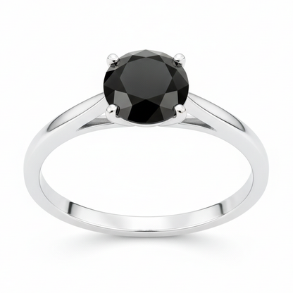 Round Black Diamond Cathedral Solitaire Ring Natural 14K White Gold