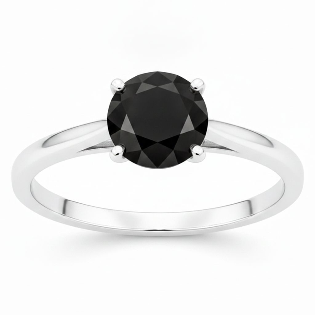 Round Black Diamond Cathedral Solitaire Ring Natural 14K White Gold