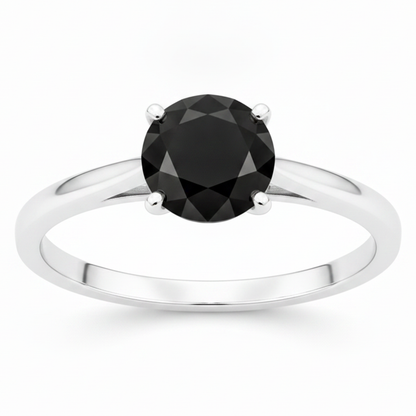 Round Black Diamond Cathedral Solitaire Ring Natural 14K White Gold