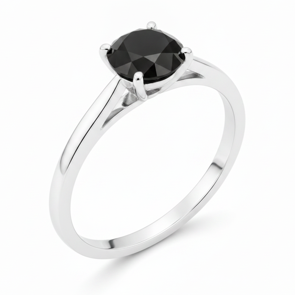 Round Black Diamond Cathedral Solitaire Ring Natural 14K White Gold