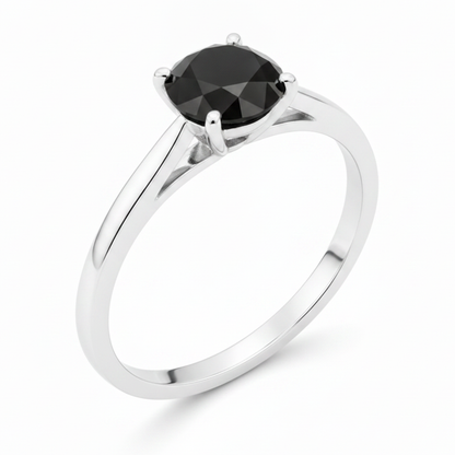Round Black Diamond Cathedral Solitaire Ring Natural 14K White Gold