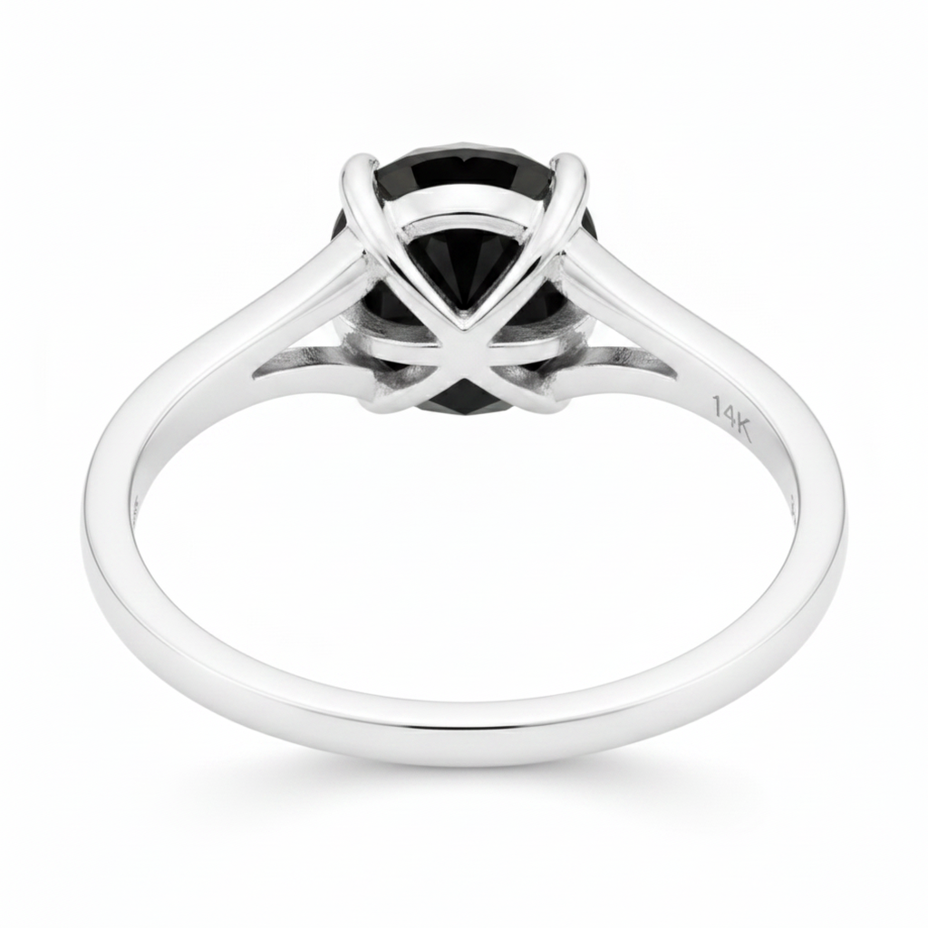Round Black Diamond Cathedral Solitaire Ring Natural 14K White Gold