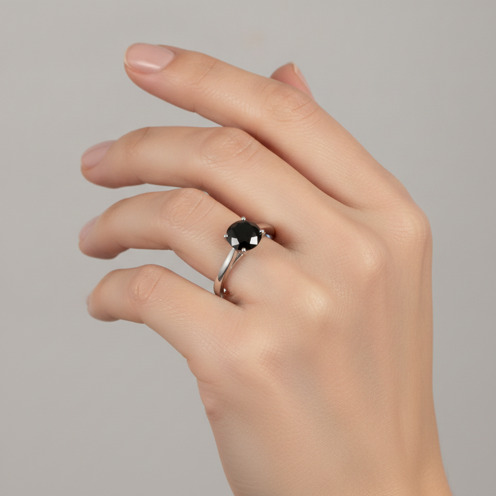 Round Black Diamond Cathedral Solitaire Ring Natural 14K White Gold