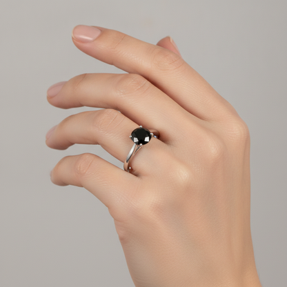 Round Black Diamond Cathedral Solitaire Ring Natural 14K White Gold