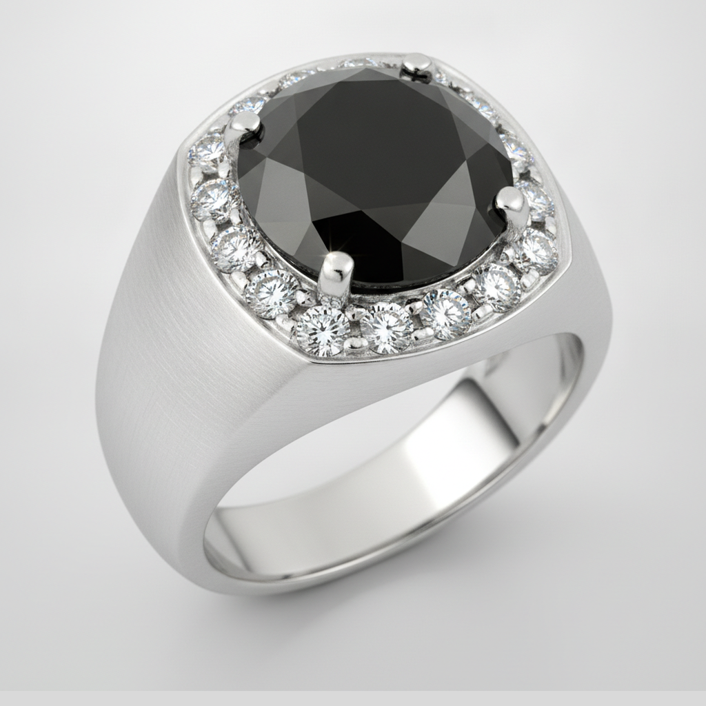 Round Black Diamond Mens Halo Ring Natural 14K White Gold