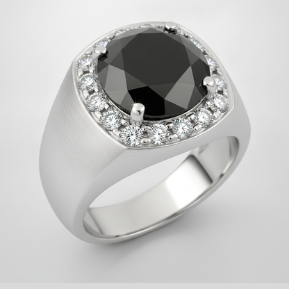 Round Black Diamond Mens Halo Ring Natural 14K White Gold