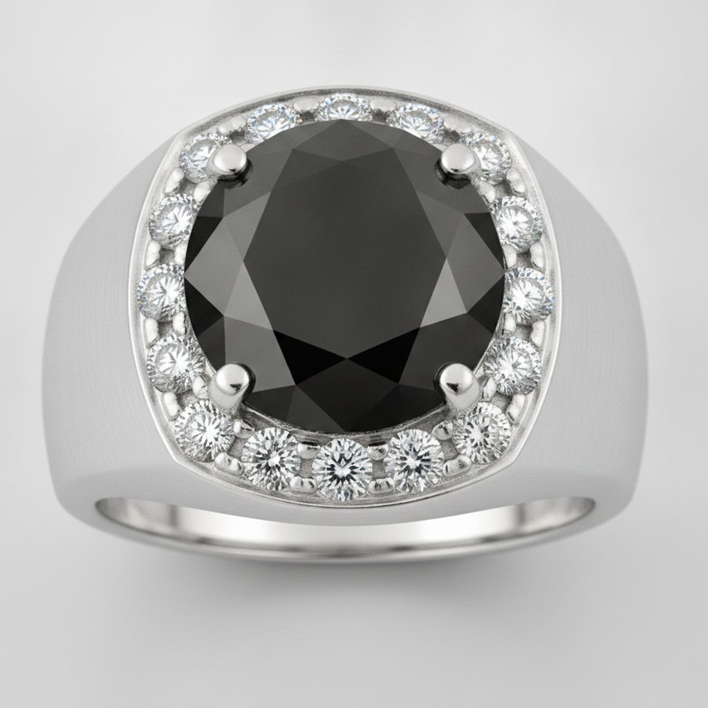 Round Black Diamond Mens Halo Ring Natural 14K White Gold