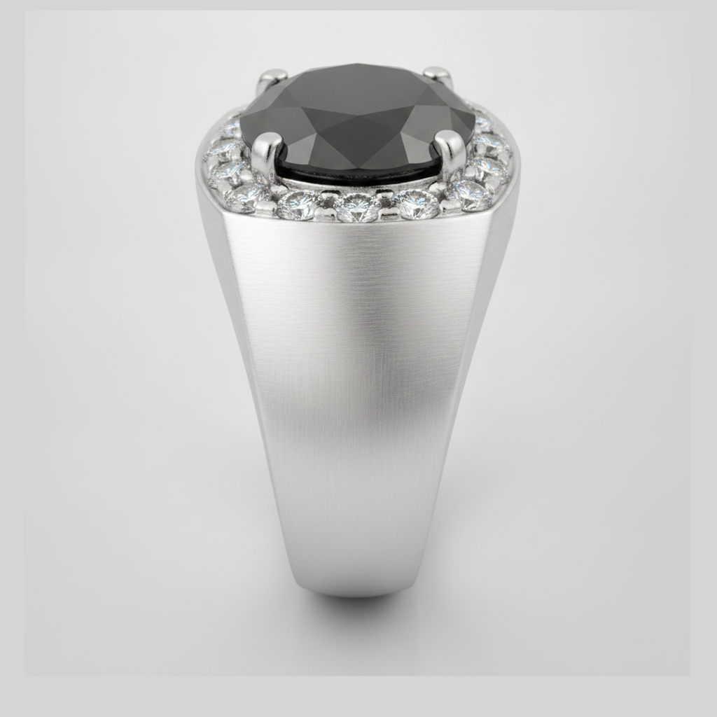 Round Black Diamond Mens Halo Ring Natural 14K White Gold