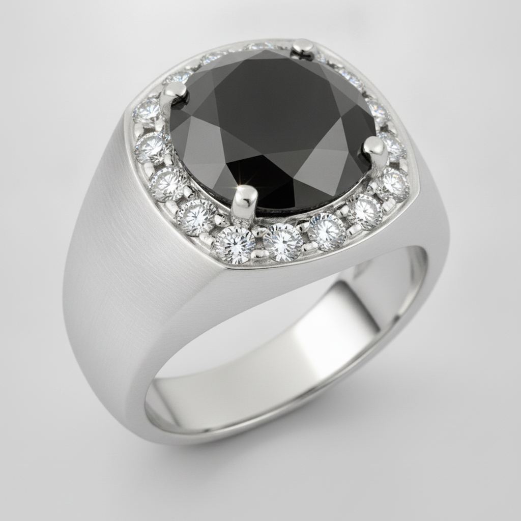 Round Black Diamond Mens Halo Ring Natural 14K White Gold