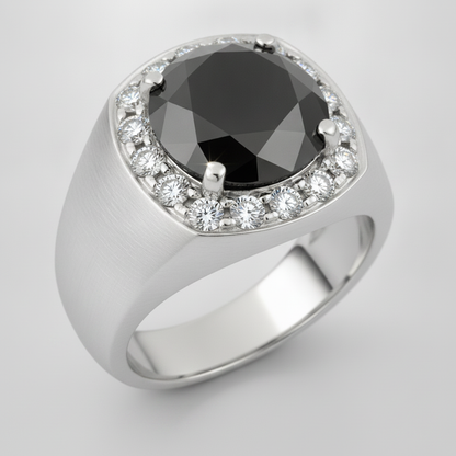 Round Black Diamond Mens Halo Ring Natural 14K White Gold