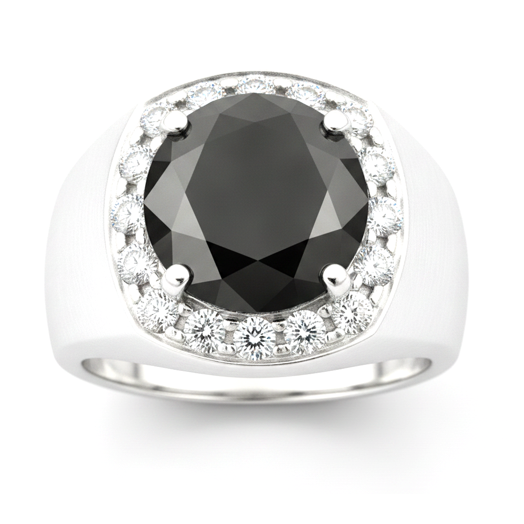 Round Black Diamond Mens Halo Ring Natural 14K White Gold