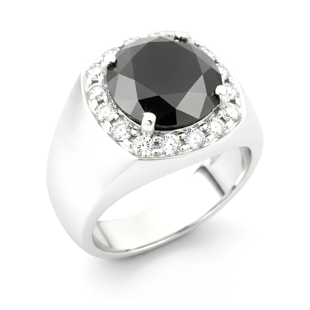 Round Black Diamond Mens Halo Ring Natural 14K White Gold