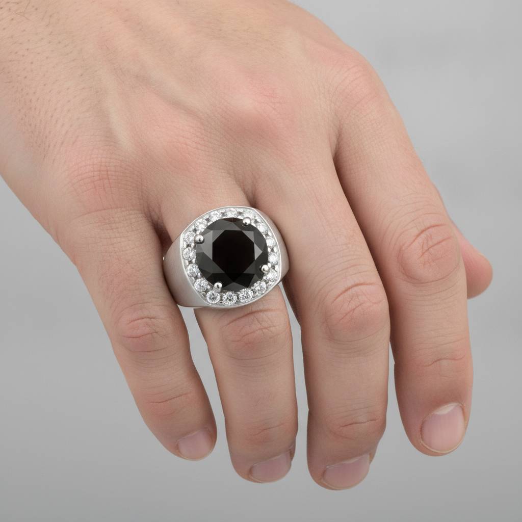 Round Black Diamond Mens Halo Ring Natural 14K White Gold