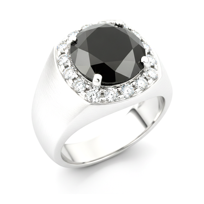 Round Black Diamond Mens Halo Ring Natural 14K White Gold