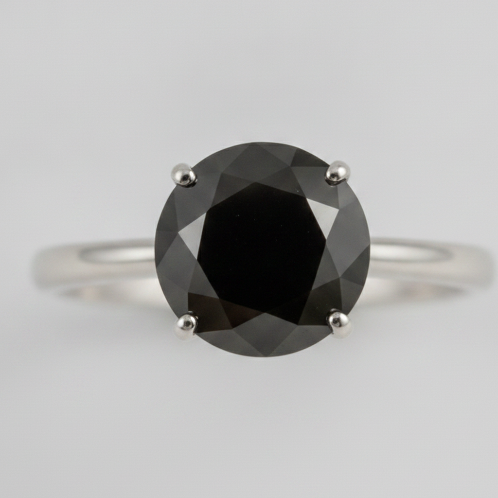 Round Black Diamond Solitaire Ring Natural 14K White Gold
