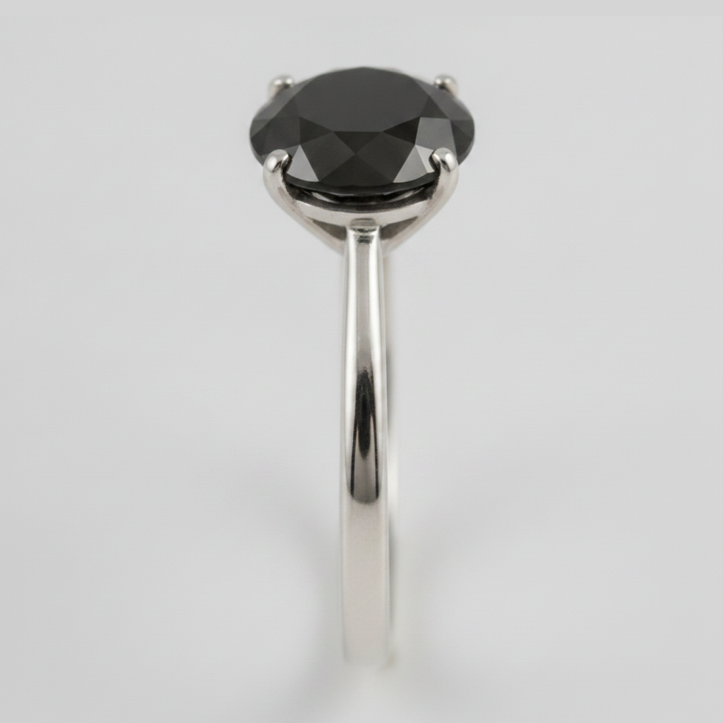Round Black Diamond Solitaire Ring Natural 14K White Gold
