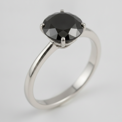 Round Black Diamond Solitaire Ring Natural 14K White Gold