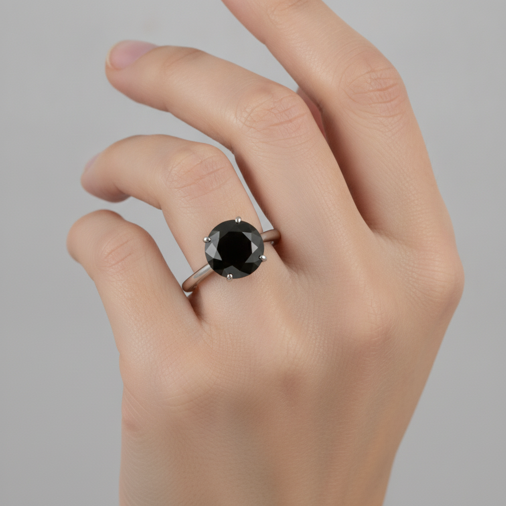 Round Black Diamond Solitaire Ring Natural 14K White Gold