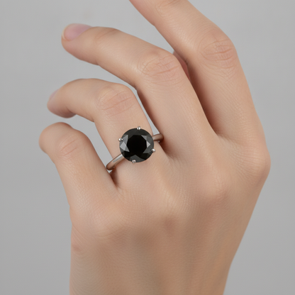 Round Black Diamond Solitaire Ring Natural 14K White Gold