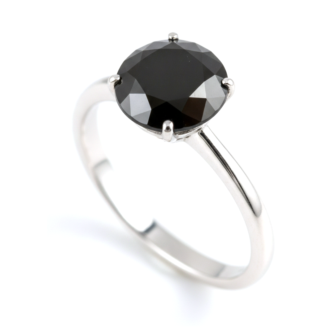 Round Black Diamond Solitaire Ring Natural 14K White Gold