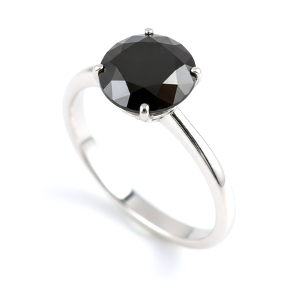 Round Black Diamond Solitaire Ring Natural 14K White Gold