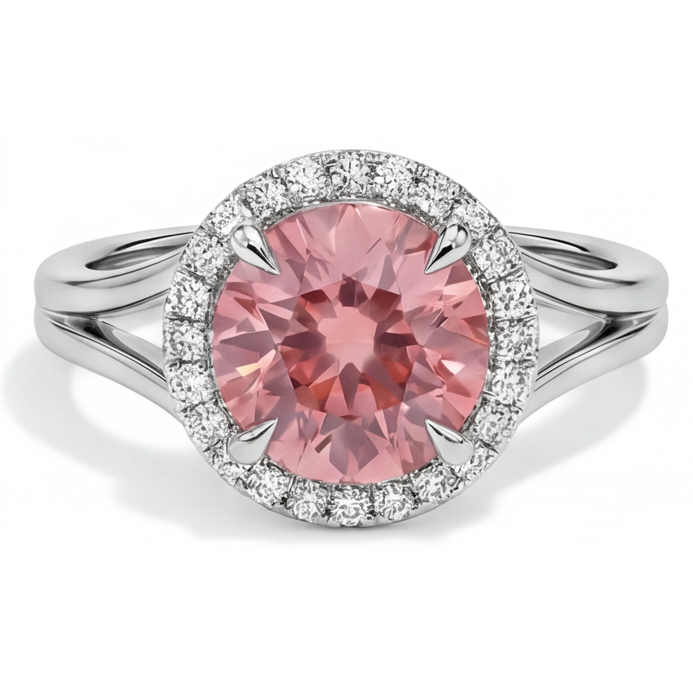 Round Lab Grown Padparadscha and Lab Grown Diamond Halo Ring 14K White Gold