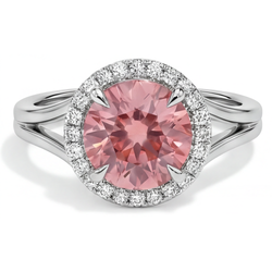 Round Lab Grown Padparadscha and Diamond Halo Ring 14K White Gold