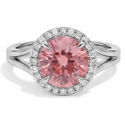 Round Lab Grown Padparadscha and Lab Grown Diamond Halo Ring 14K White Gold