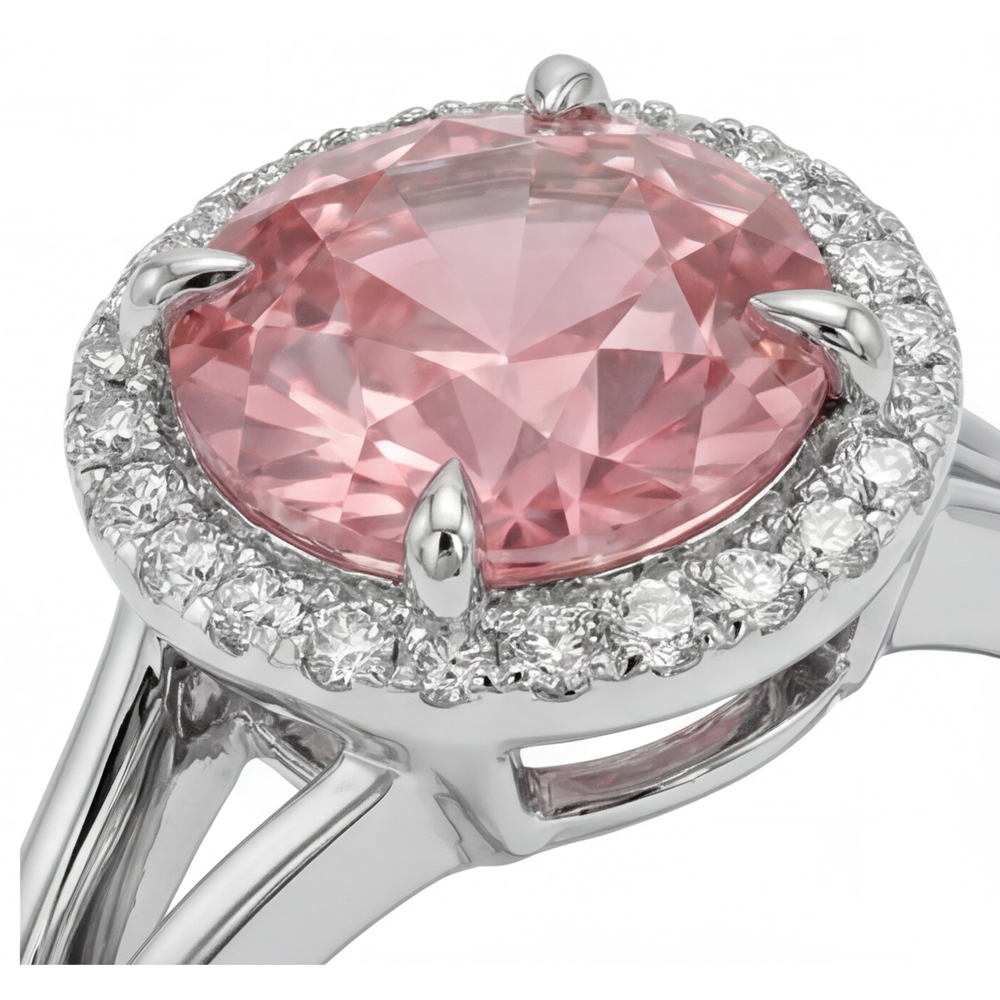 Round Lab Grown Padparadscha and Lab Grown Diamond Halo Ring 14K White Gold