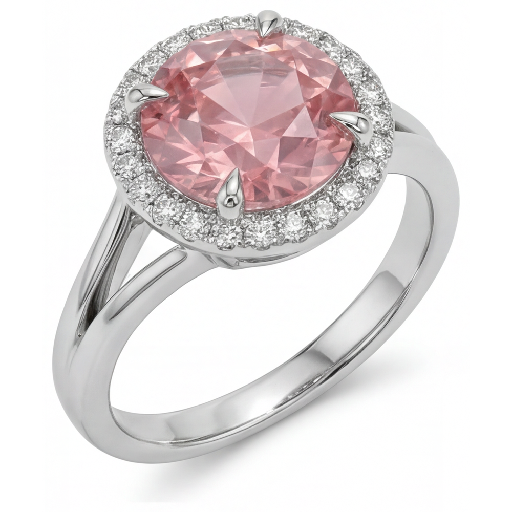 Round Lab Grown Padparadscha and Lab Grown Diamond Halo Ring 14K White Gold