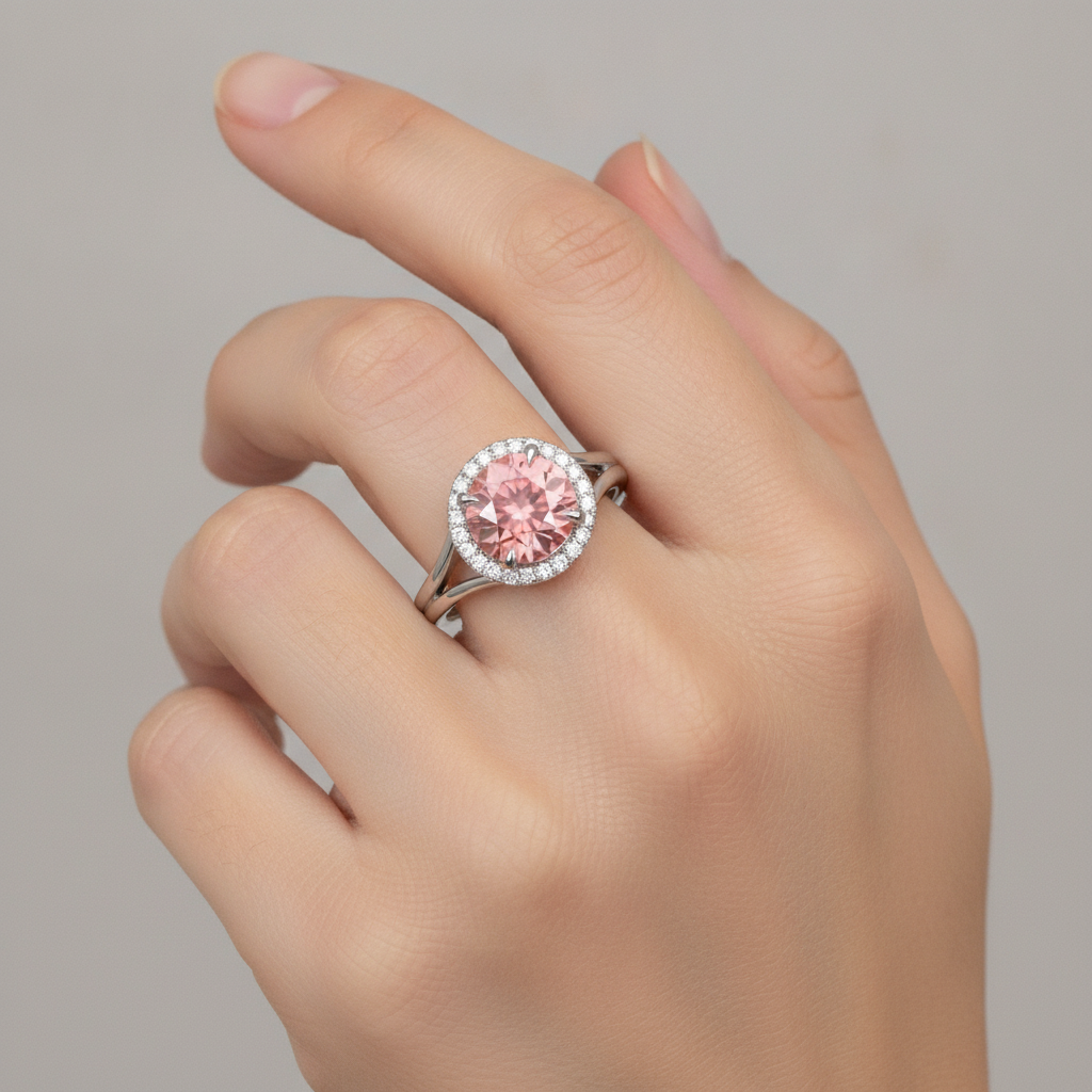 Round Lab Grown Padparadscha and Lab Grown Diamond Halo Ring 14K White Gold