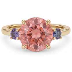 Round Lab Grown Padparadscha and Purple Sapphire Three Stone Ring 14K Yellow Gold