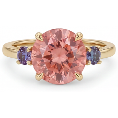 Round Lab Grown Padparadscha and Purple Sapphire Three Stone Ring 14K Yellow Gold