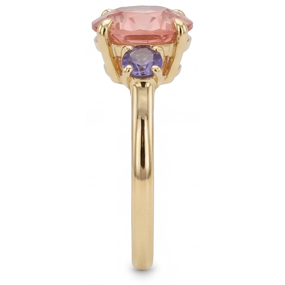 Round Lab Grown Padparadscha and Purple Sapphire Three Stone Ring 14K Yellow Gold