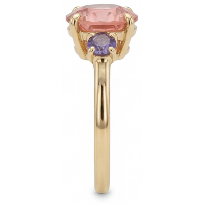 Round Lab Grown Padparadscha and Purple Sapphire Three Stone Ring 14K Yellow Gold