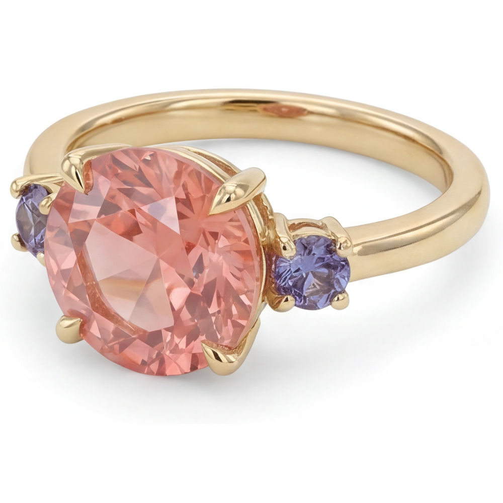 Round Lab Grown Padparadscha and Purple Sapphire Three Stone Ring 14K Yellow Gold