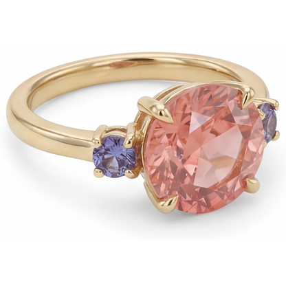 Round Lab Grown Padparadscha and Purple Sapphire Three Stone Ring 14K Yellow Gold