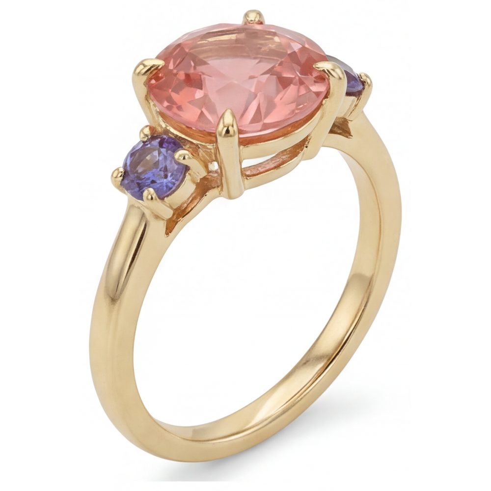 Round Lab Grown Padparadscha and Purple Sapphire Three Stone Ring 14K Yellow Gold