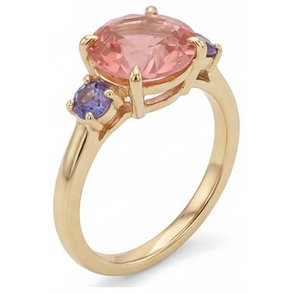Round Lab Grown Padparadscha and Purple Sapphire Three Stone Ring 14K Yellow Gold