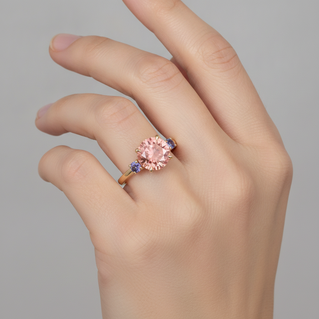 Round Lab Grown Padparadscha and Purple Sapphire Three Stone Ring 14K Yellow Gold