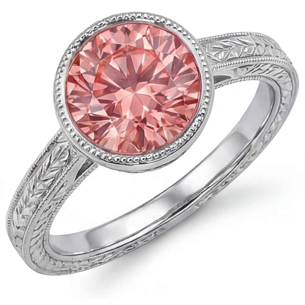 Round Lab Grown Padparadscha Bezel Solitaire Ring 14K White Gold