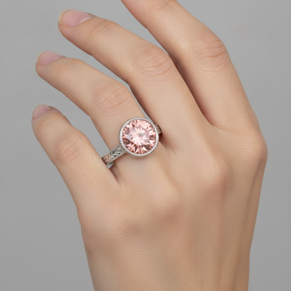 Round Lab Grown Padparadscha Bezel Solitaire Ring 14K White Gold