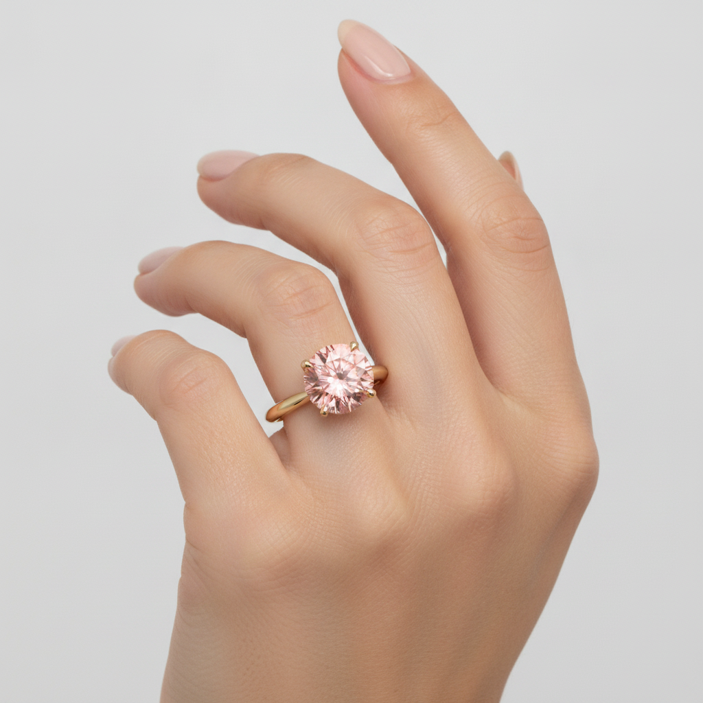 Round Lab Grown Padparadscha Solitaire Ring 14K Yellow Gold