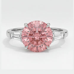 Round Padparadscha and White Baguette Three Stone Ring Natural Platinum
