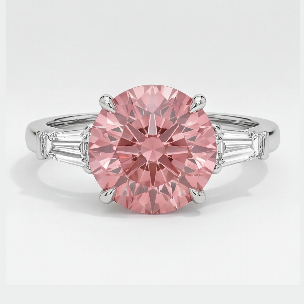 Round Padparadscha and White Baguette Three Stone Ring Natural Platinum
