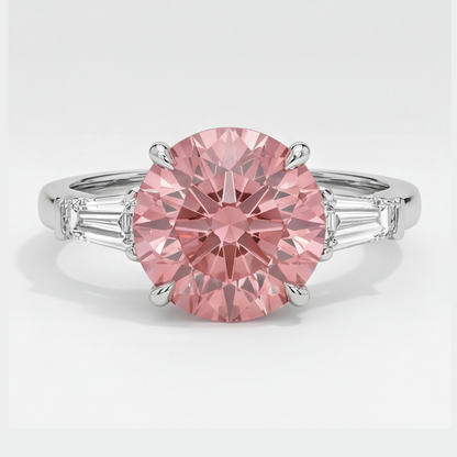 Round Padparadscha and White Baguette Three Stone Ring Natural Platinum