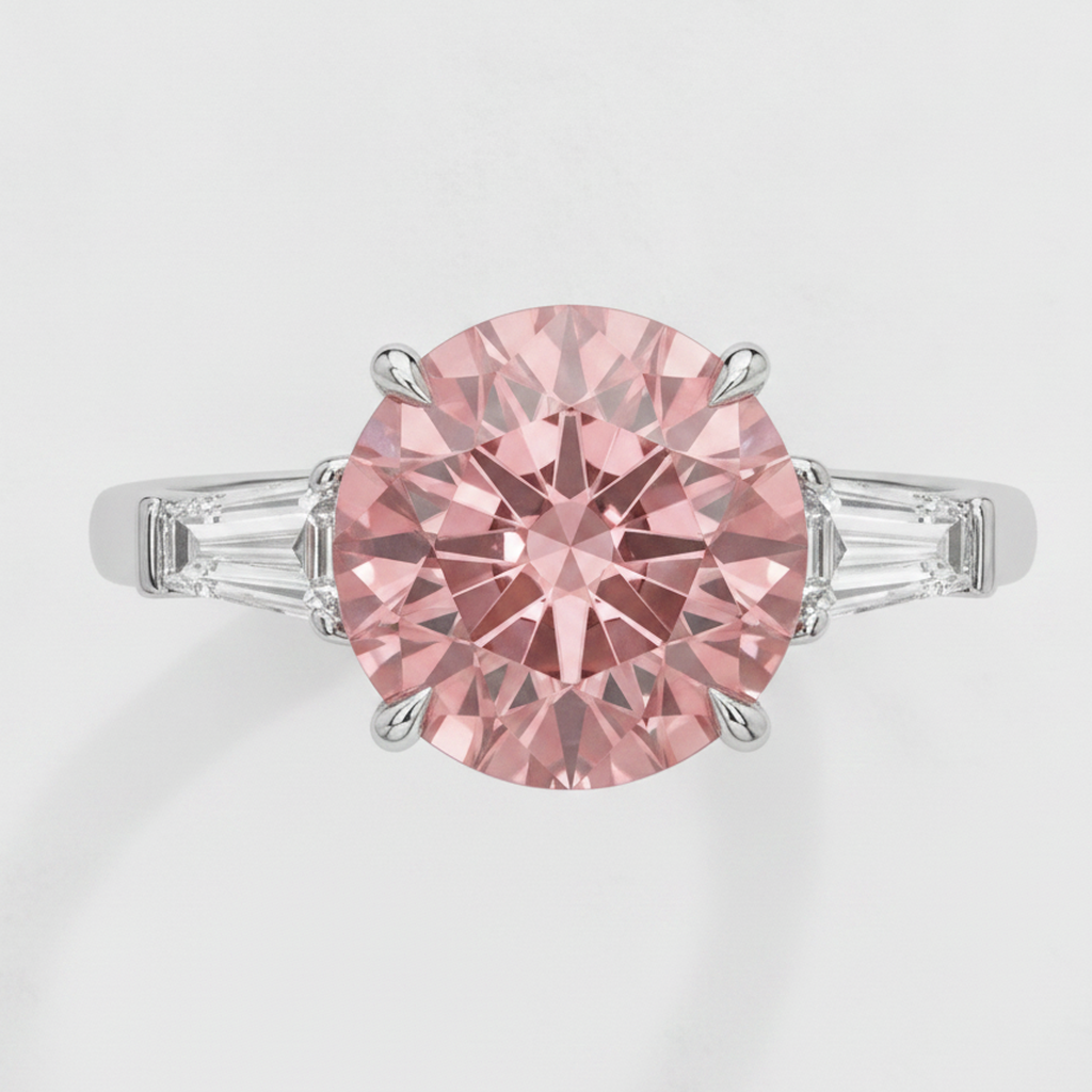 Round Padparadscha and White Baguette Three Stone Ring Natural Platinum