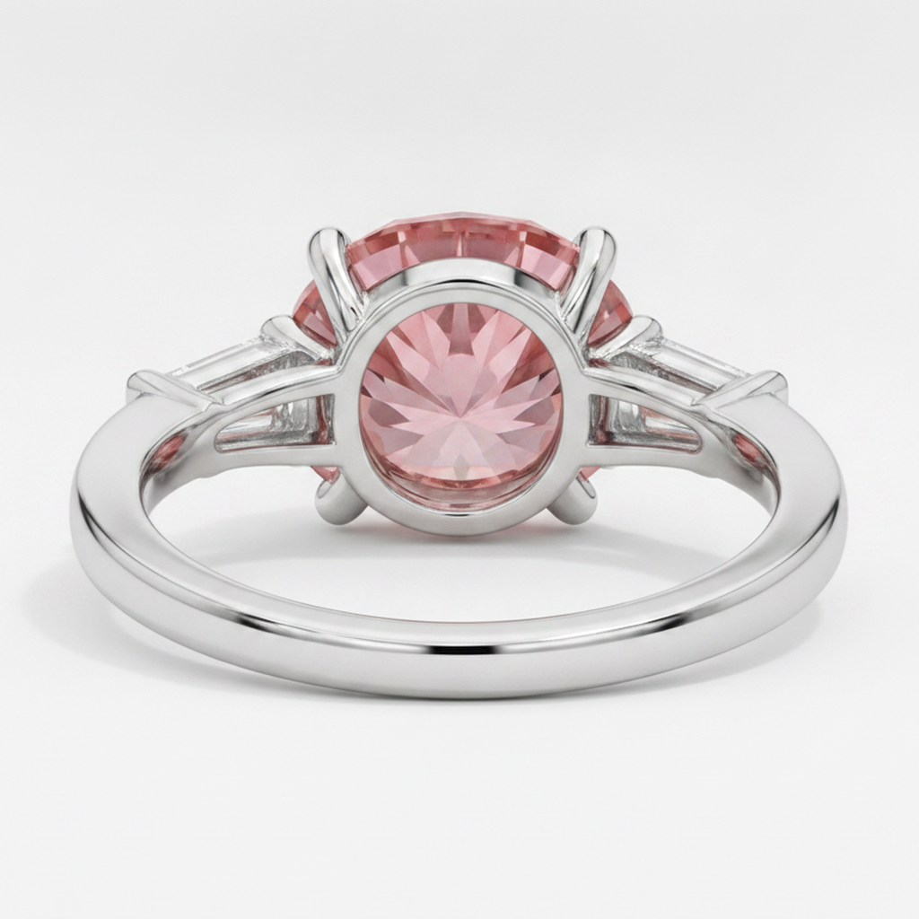 Round Padparadscha and White Baguette Three Stone Ring Natural Platinum