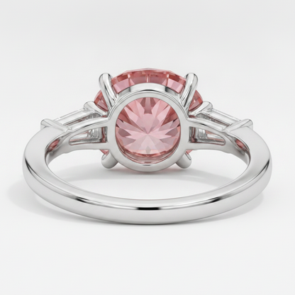 Round Padparadscha and White Baguette Three Stone Ring Natural Platinum