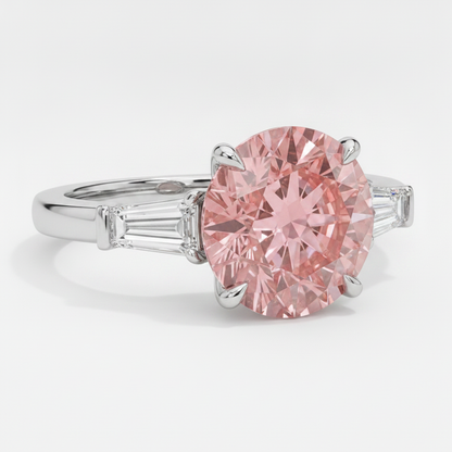 Round Padparadscha and White Baguette Three Stone Ring Natural Platinum